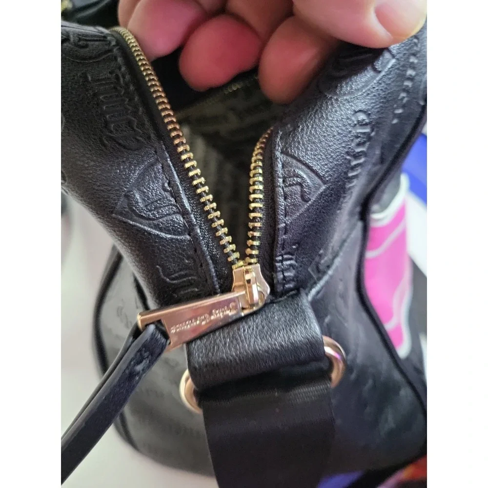 Juicy Couture Black/Pink Embossed Logo Satchel Bag Gold Hardware Zipper Closure
